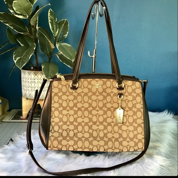Coach 2-Way Signature Canvas Leather Handbag Shoulder Bag Beige 